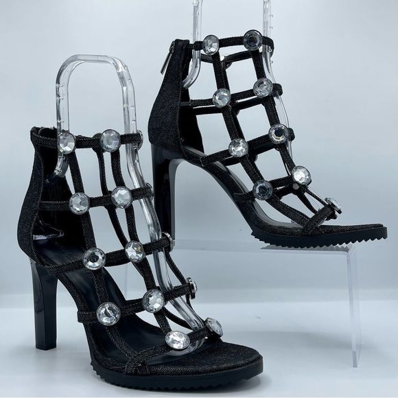 KARL LAGERFELD Beatriz Faux Crystals Heel Sandals in Black Size 10 NWOT - Picture 2 of 15